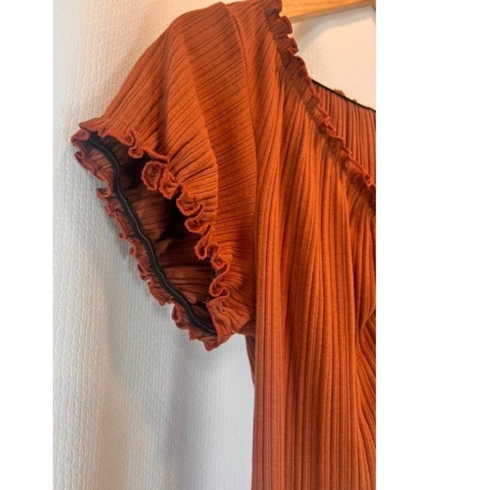 Haute Fox 1X Plus Rust Plissé Micro Pleat Ruffle Coquette Lettuce Hem Bow Top - Picture 3 of 9